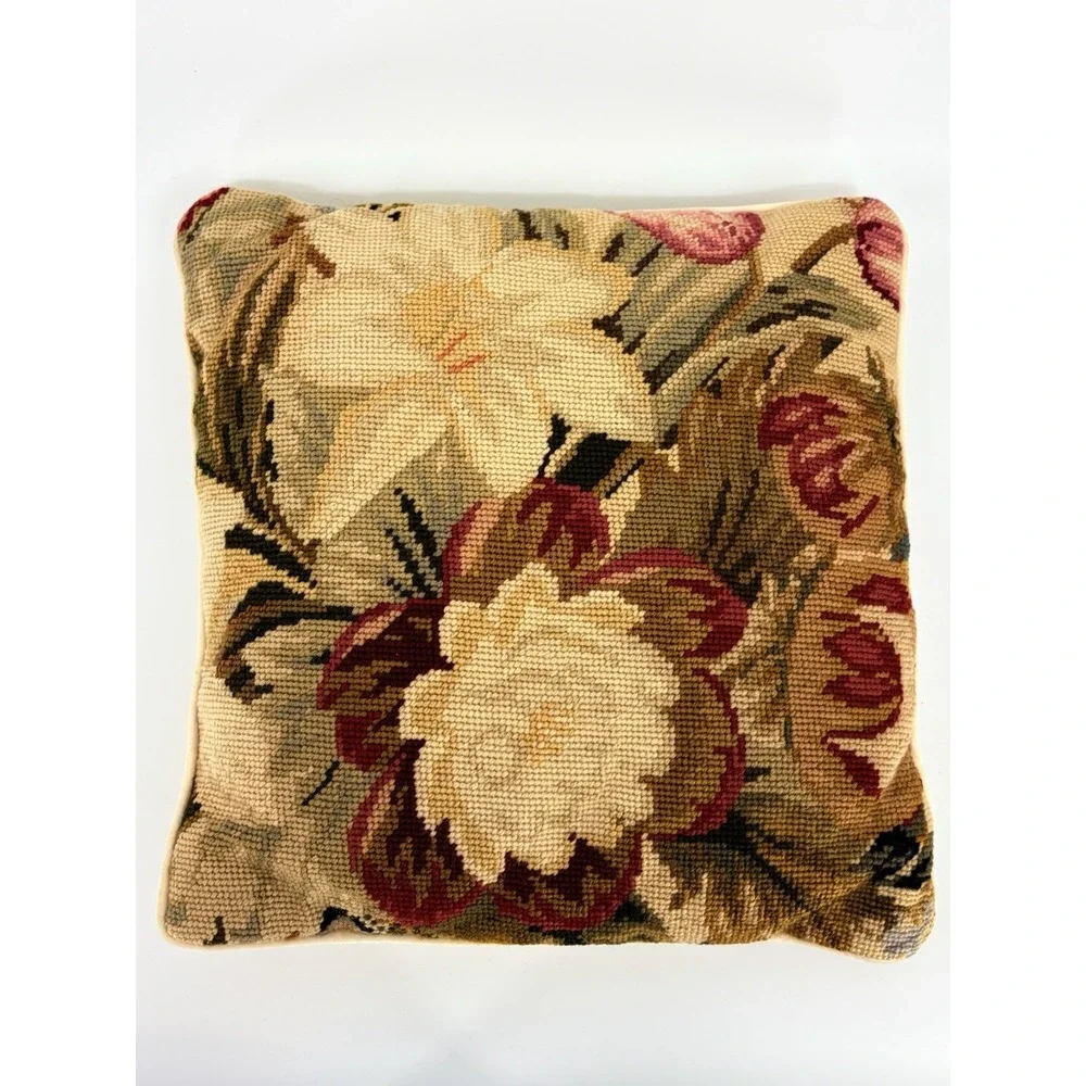Vintage Floral Needlepoint Pillow Square Velvet Back Cottagecore 12